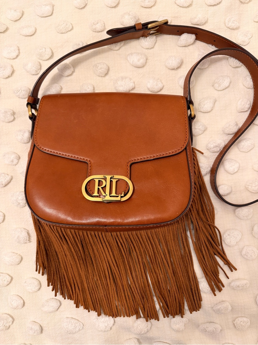 Ralph Lauren Tan Leather Fringe Crossbody with RL Logo